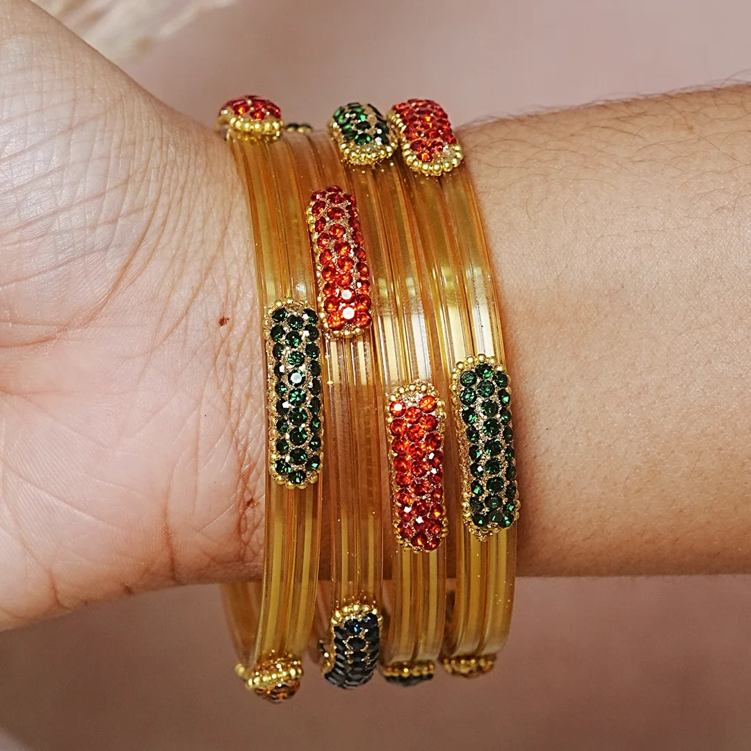 Glossy Finish Designer Glass Kada Bangles with Beads & Stone Work (Pack of 4)