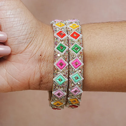 Meenakari Work with Pearl Embellished Glass Kada for Women (Pack of 2)