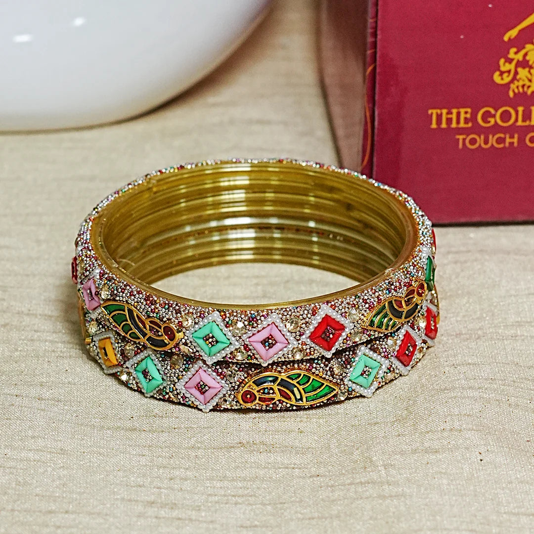 Meenakari Work with Pearl Embellished Glass Kada for Women (Pack of 2)