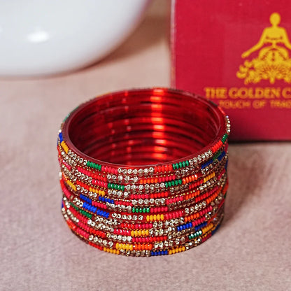 Handcrafted Glass Chudi Set with Golden Balls & Beads Work (Pack of- 12 Bangles)