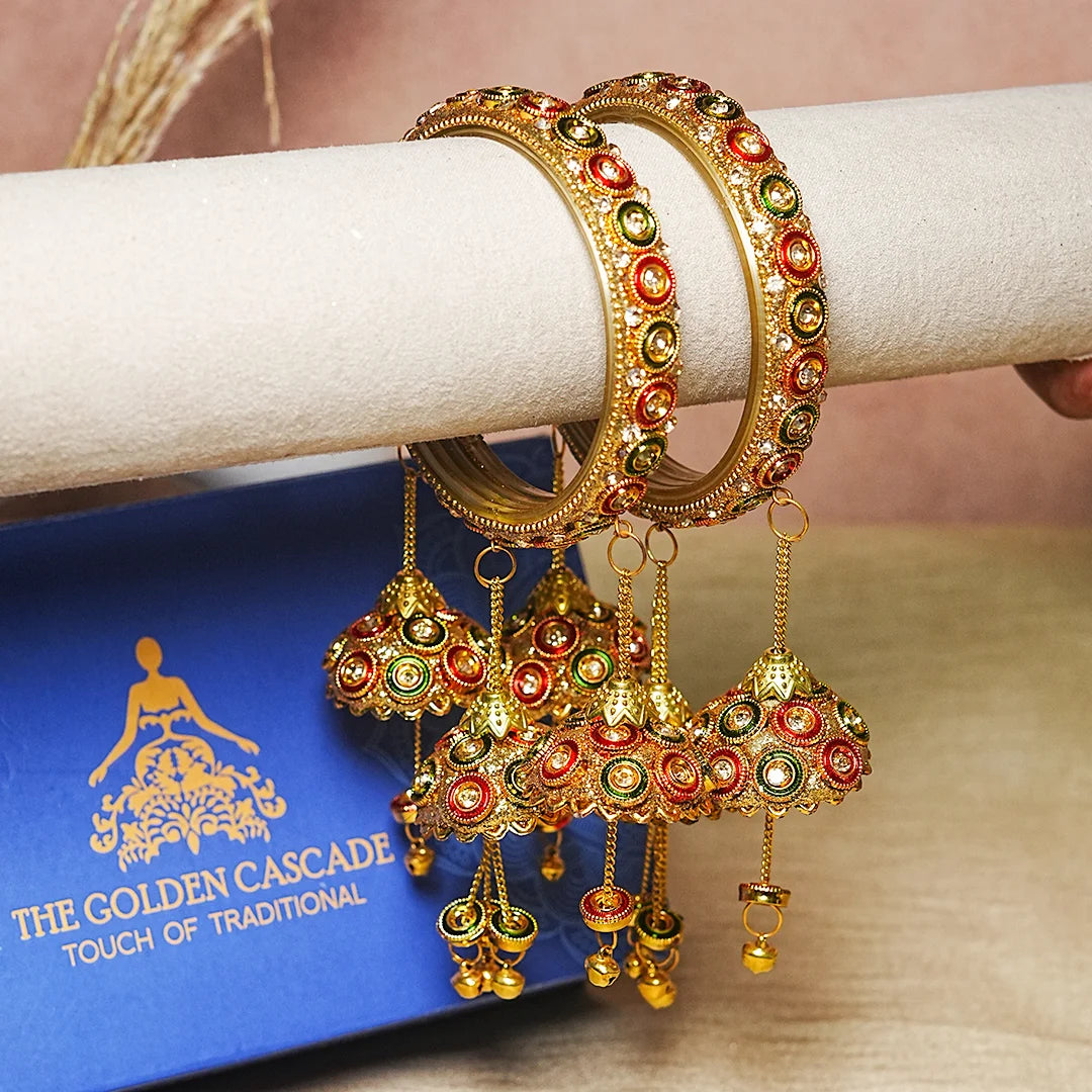 Ethnic Meenakari Work Glass Bangles With Latkan Jhumki For Women (Pack of 2)