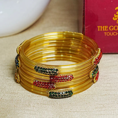 Glossy Finish Designer Glass Kada Bangles with Beads & Stone Work (Pack of 4)