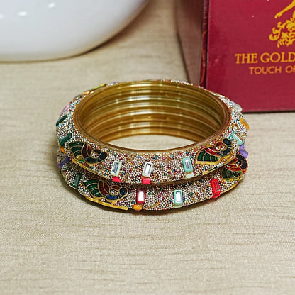 Peacock Design Stone Studded Glass Kada for Women (Pack of 2)