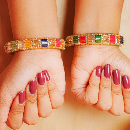 Designer Glass Kada Bangle with Stone & Beads Work for Women & Girls (Pack of 2)