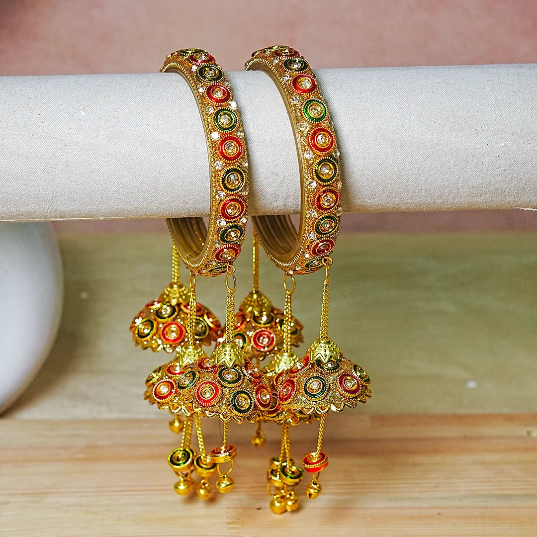 Ethnic Meenakari Work Glass Bangles With Latkan Jhumki For Women (Pack of 2)