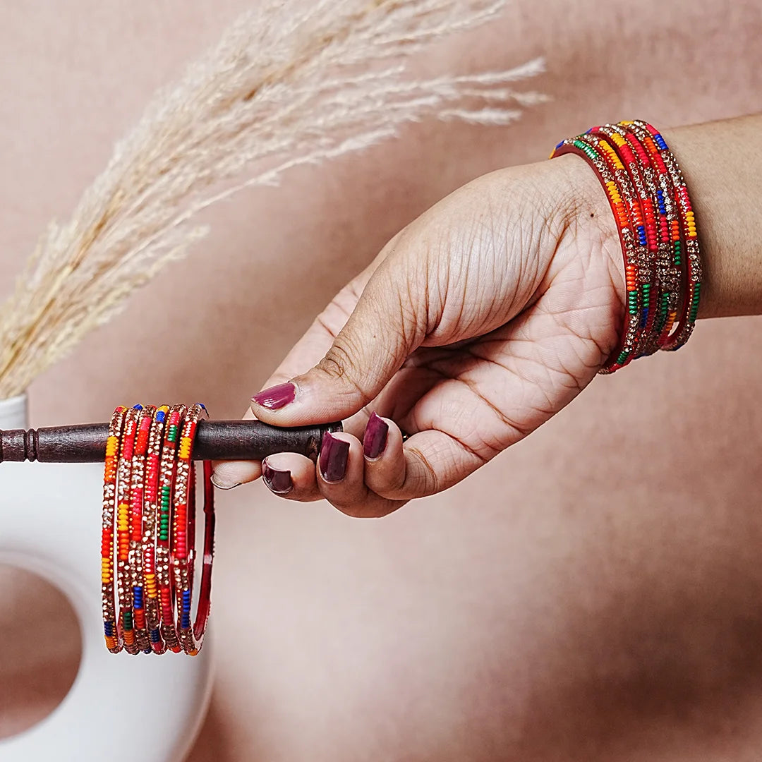 Handcrafted Glass Chudi Set with Golden Balls & Beads Work (Pack of- 12 Bangles)