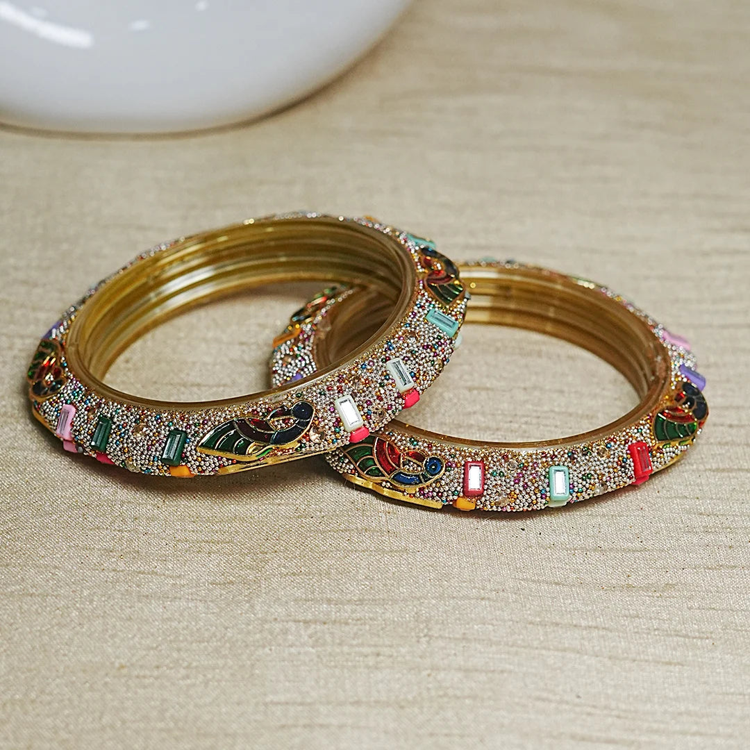 Peacock Design Stone Studded Glass Kada for Women (Pack of 2)