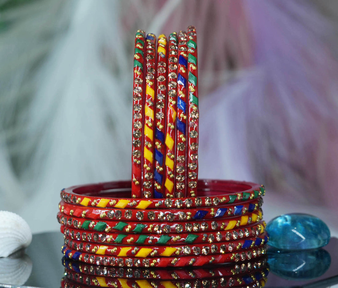 Glass Bangles with Gold Pearl Beads Studded for Women & Girls (Pack 12)
