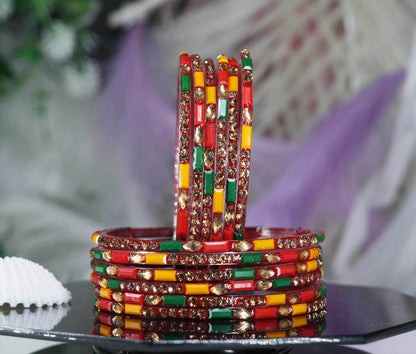 Multiple Color Glass Bangle with Stone Beads Work for Women & Girls (Pack 12 Bangles)