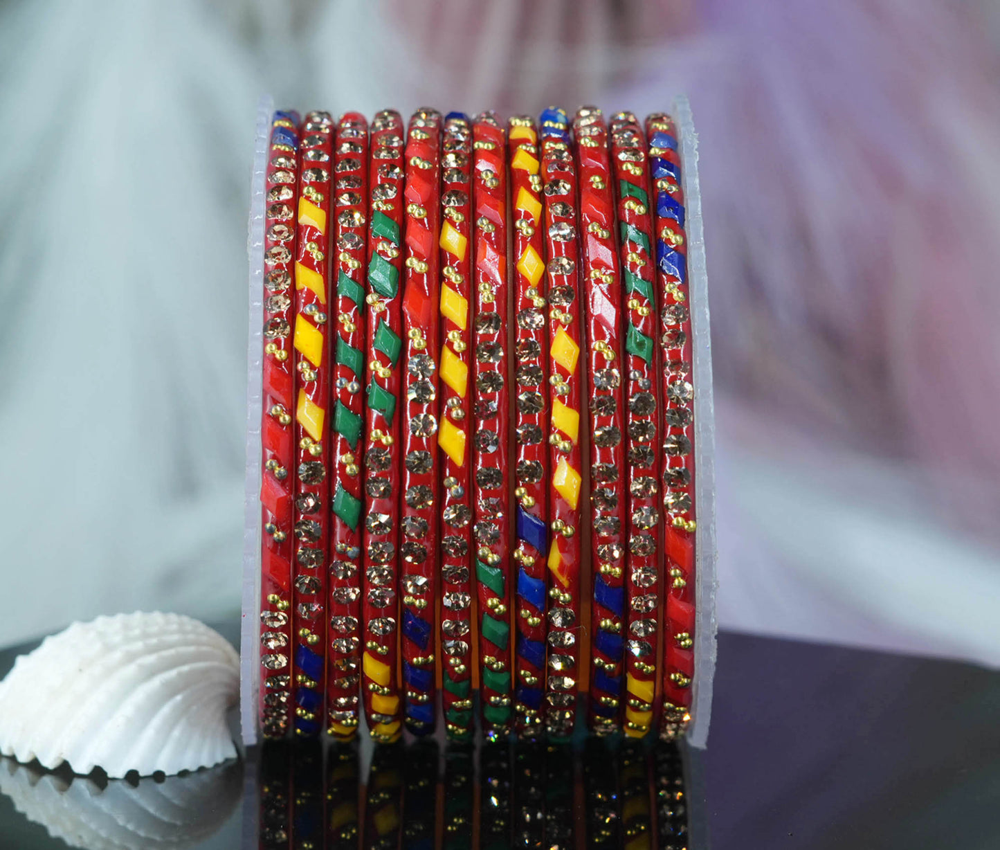 Glass Bangles with Gold Pearl Beads Studded for Women & Girls (Pack 12 Bangles)