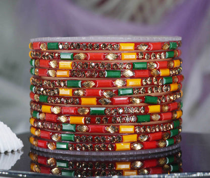 Multiple Color Glass Bangle with Stone Beads Work for Women & Girls (Pack 12 Bangles)