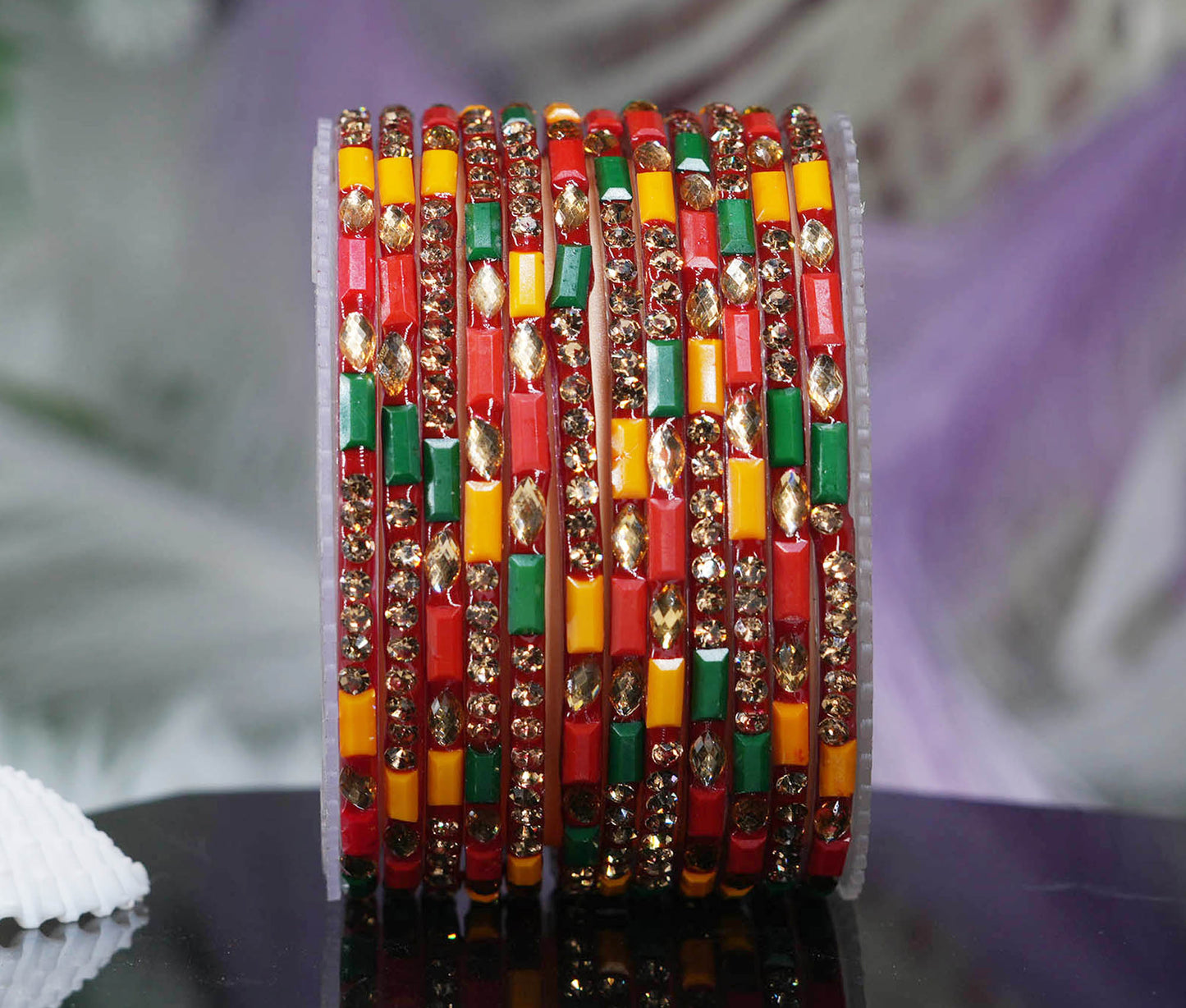 Multiple Color Glass Bangle with Stone Beads Work for Women & Girls (Pack 12 Bangles)