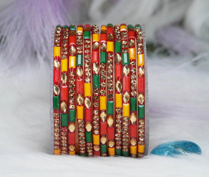 Multiple Color Glass Bangle with Stone Beads Work for Women & Girls (Pack 12 Bangles)