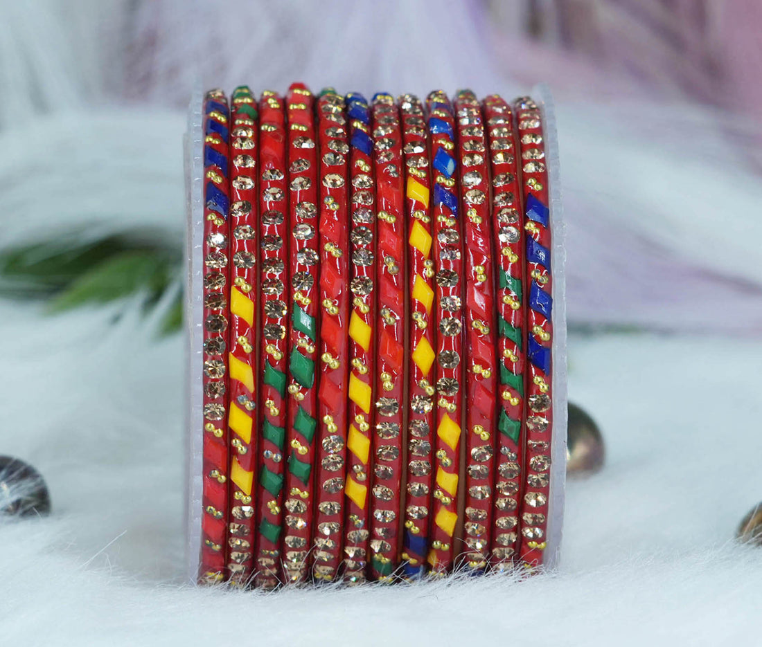 Glass Bangles with Gold Pearl Beads Studded for Women & Girls (Pack 12)