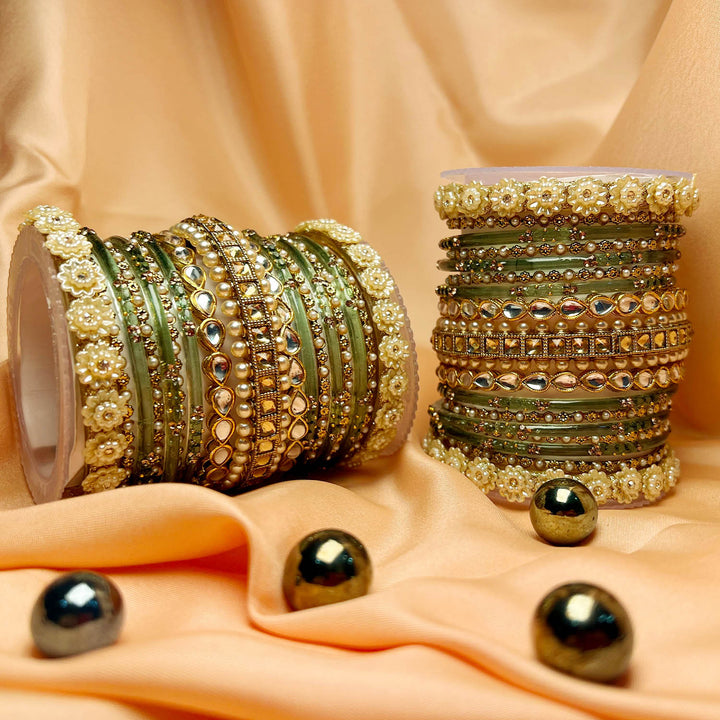 Traditional Elegant Olive Color Glass Bangles Set for Women (Both Hands)