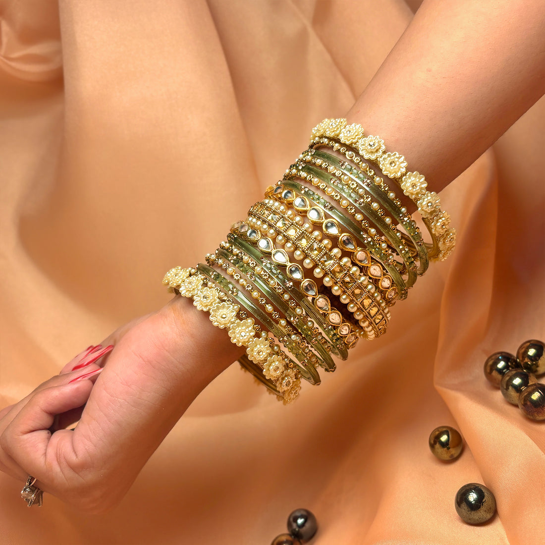 Traditional Elegant Olive Color Glass Bangles Set for Women (Both Hands)