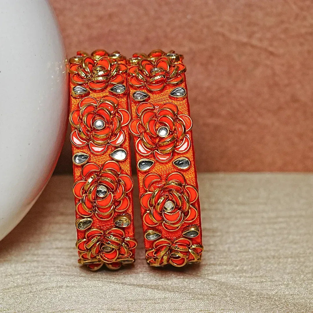 Handmade Thread Kada Bangle with Rose Motif and Kundan Work for Women & Girls (Pack of 2) - The Golden Cascade