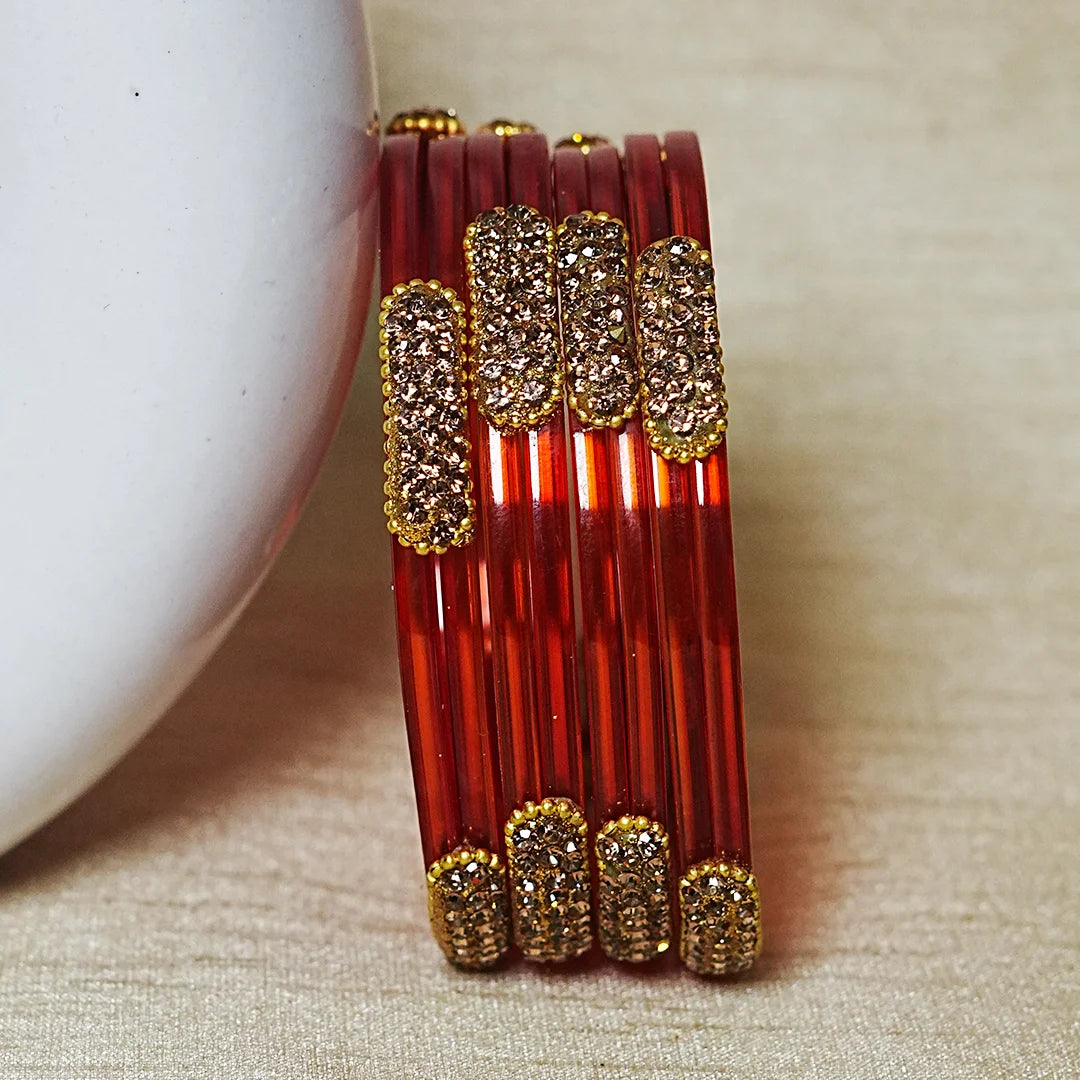 Glossy Finish Designer Glass Kada Bangles with Beads & Stone Work (Pack of 4)