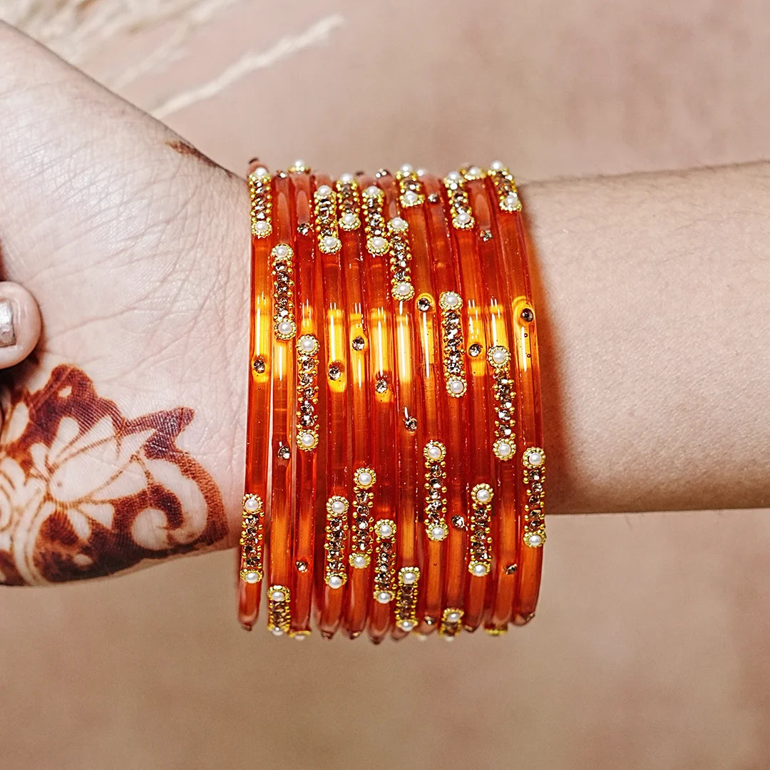 Premium Glass Bangles for Women | Zircon & Beads Work | Glossy Finish (Pack of 12)