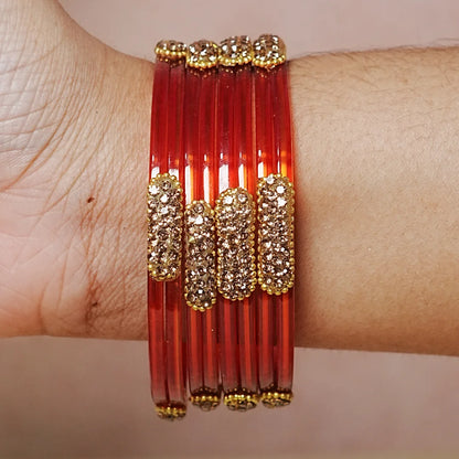 Glossy Finish Designer Glass Kada Bangles with Beads & Stone Work (Pack of 4)