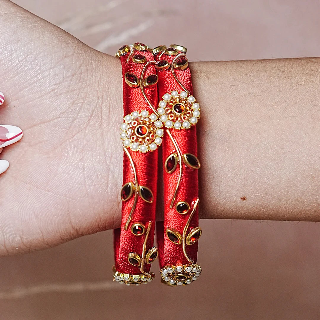 Designer Thread Work Kundan Leaf Style Kada Bangle for Women & Girls (Pack of 2)