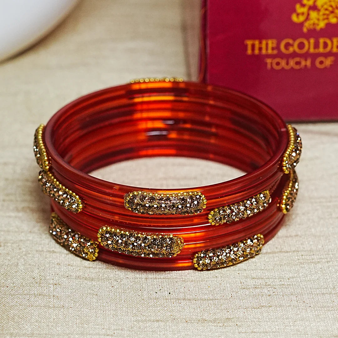 Glossy Finish Designer Glass Kada Bangles with Beads & Stone Work (Pack of 4)