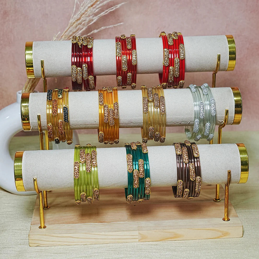 Glossy Finish Designer Glass Kada Bangles with Beads & Stone Work (Pack of 4)