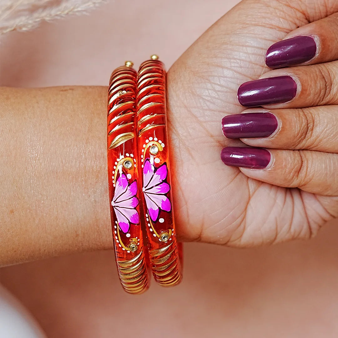 Handcrafted Lotus Printed Pattern Glass Kada for Women (Pack of 2)