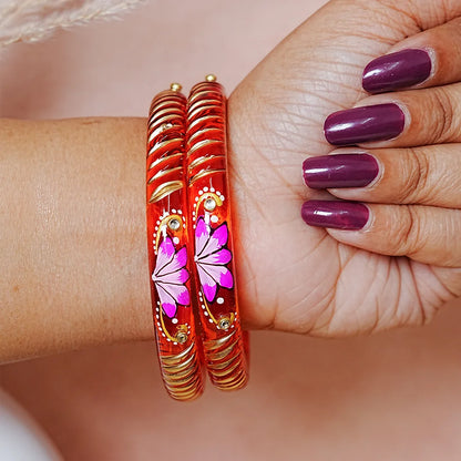 Handcrafted Lotus Printed Pattern Glass Kada for Women (Pack of 2)