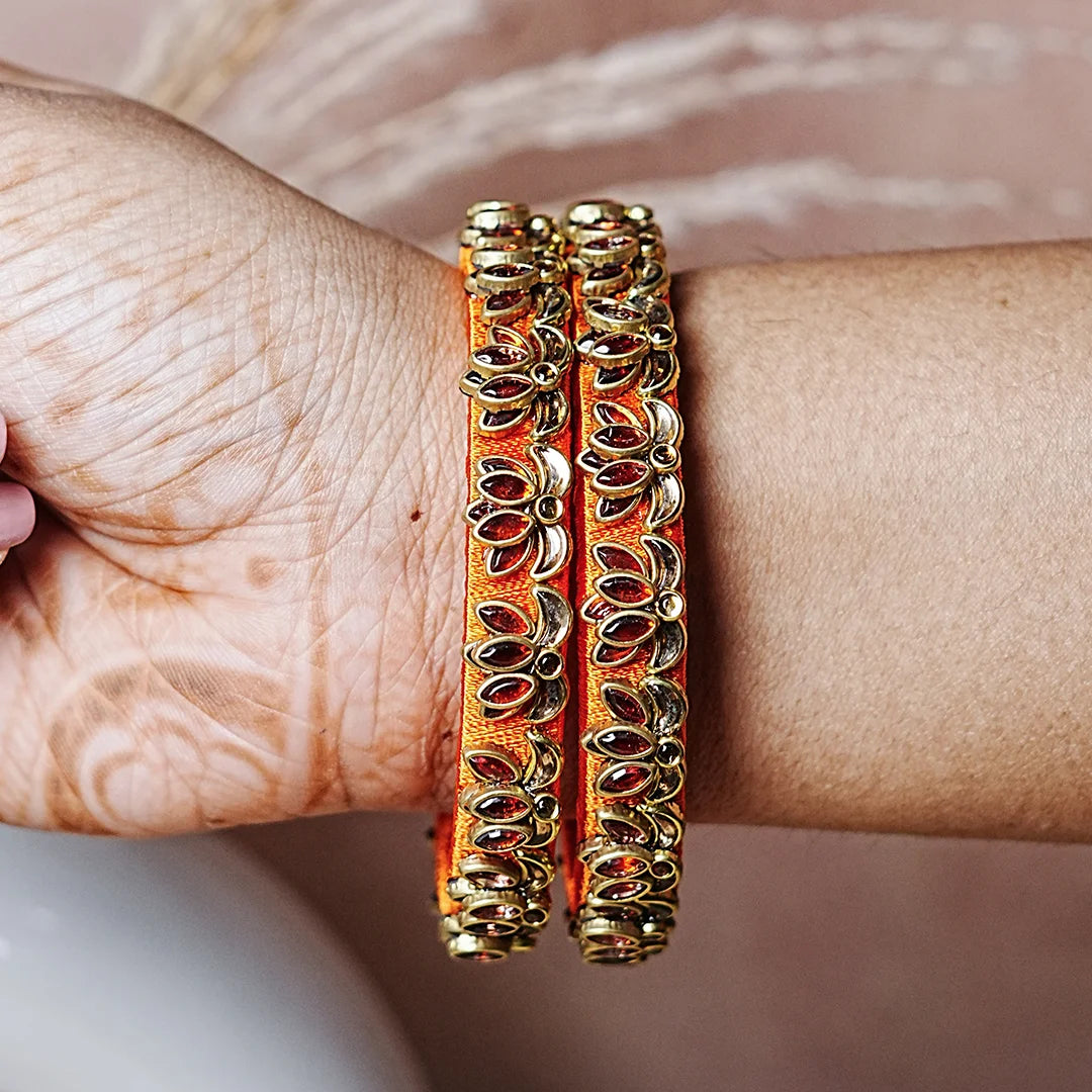 Handcrafted Silk Thread Kada Bangles with Lotus Motif for Women & Girls (Pack of 2)