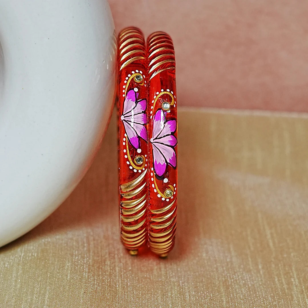 Handcrafted Lotus Printed Pattern Glass Kada for Women (Pack of 2)