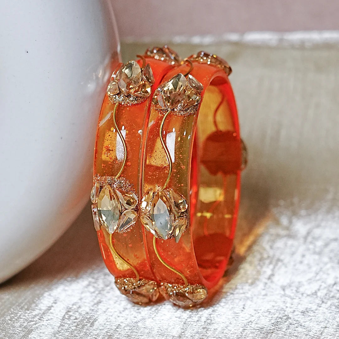 Traditional Flower Design Kundan Work Glass Kada for Women & Girls (Pack of 2)