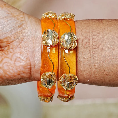 Traditional Flower Design Kundan Work Glass Kada for Women & Girls (Pack of 2)