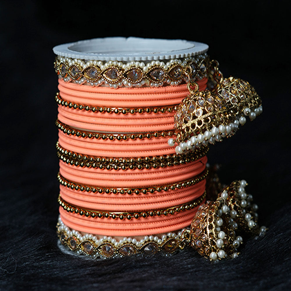 Antique Design Peach Color Plain Metal Bangle Set with Gold Plated Latkan Kada for Women & Girls (Both Hand)