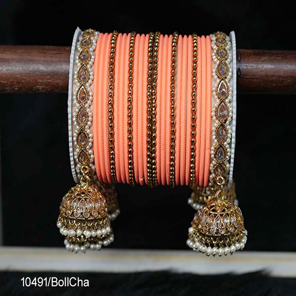 Antique Design Peach Color Plain Metal Bangle Set with Gold Plated Latkan Kada for Women & Girls (Both Hand)