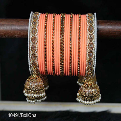 Antique Design Peach Color Plain Metal Bangle Set with Gold Plated Latkan Kada for Women & Girls