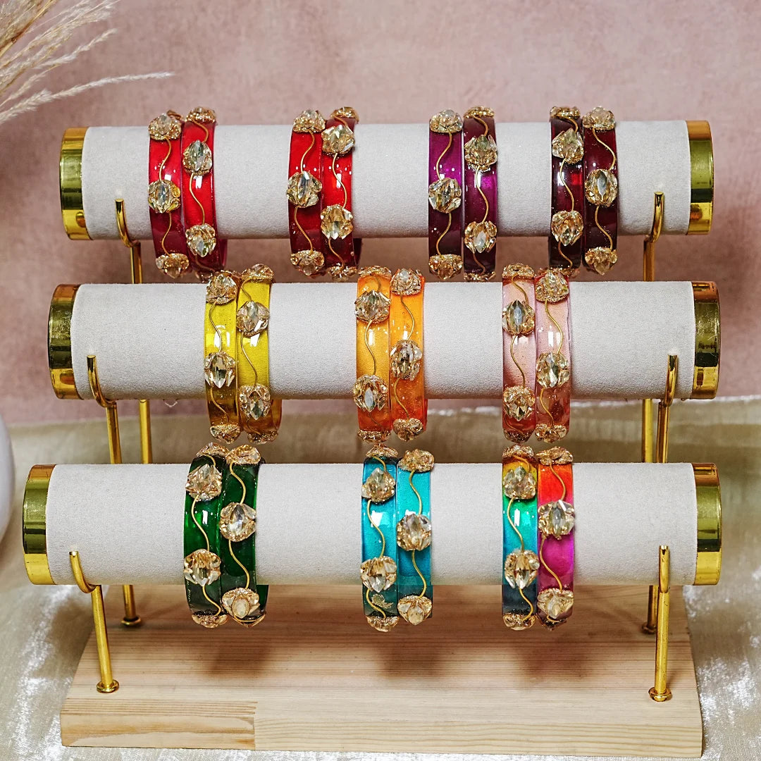 Traditional Flower Design Kundan Work Glass Kada for Women & Girls (Pack of 2)