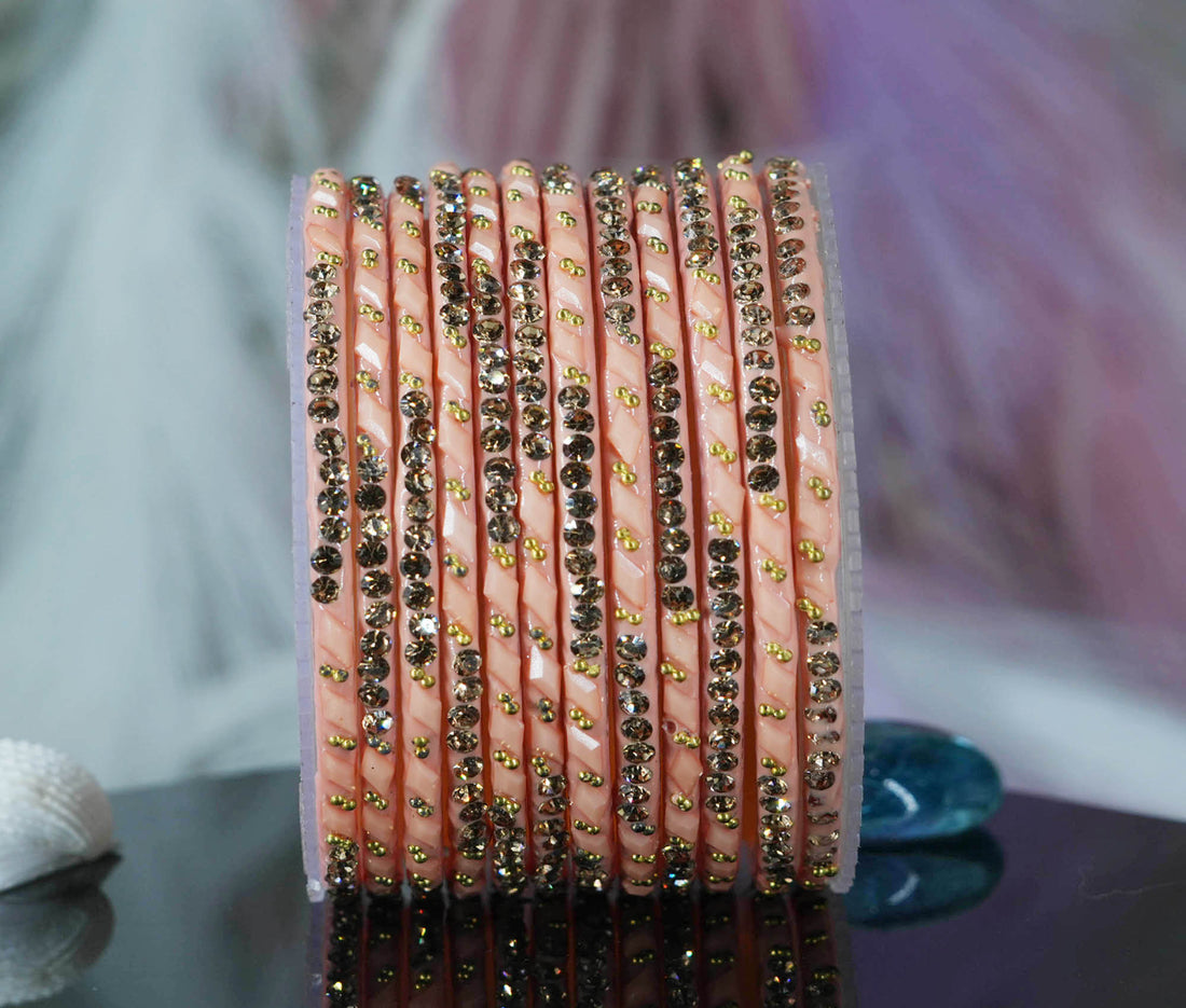 Glass Bangles with Gold Pearl Beads Studded for Women & Girls (Pack 12)