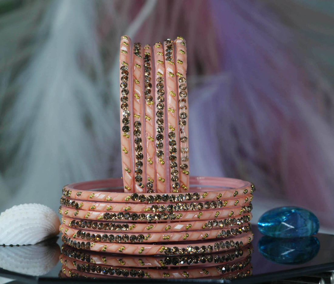 Glass Bangles with Gold Pearl Beads Studded for Women & Girls (Pack 12)