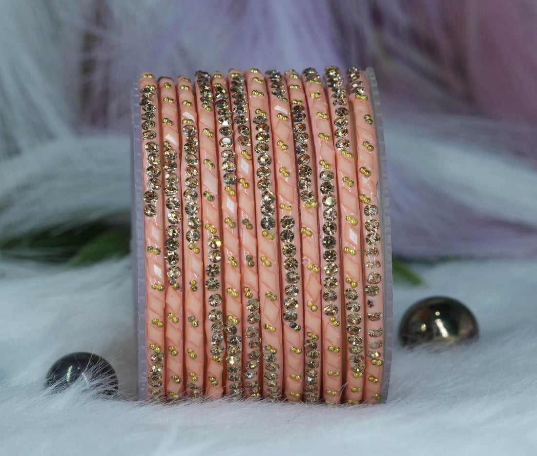 Glass Bangles with Gold Pearl Beads Studded for Women & Girls (Pack 12)