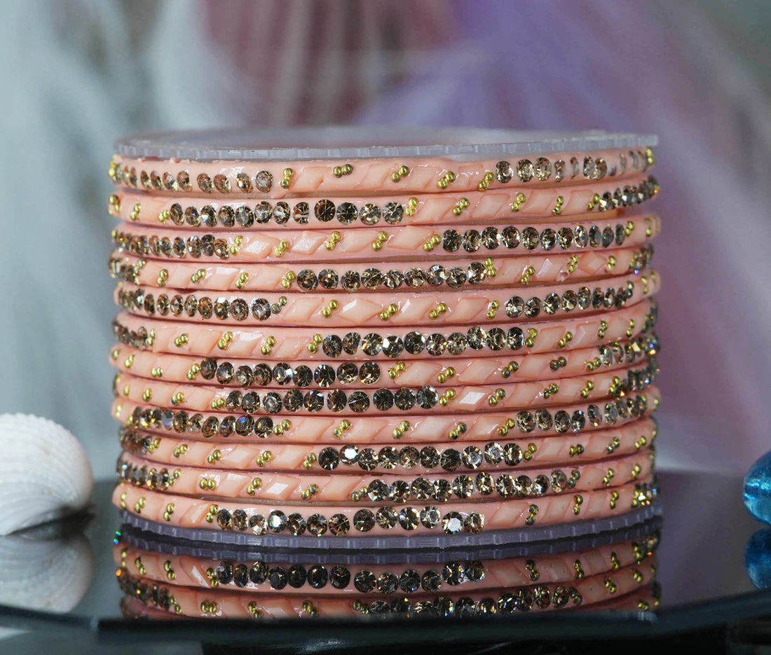 Glass Bangles with Gold Pearl Beads Studded for Women & Girls (Pack 12)