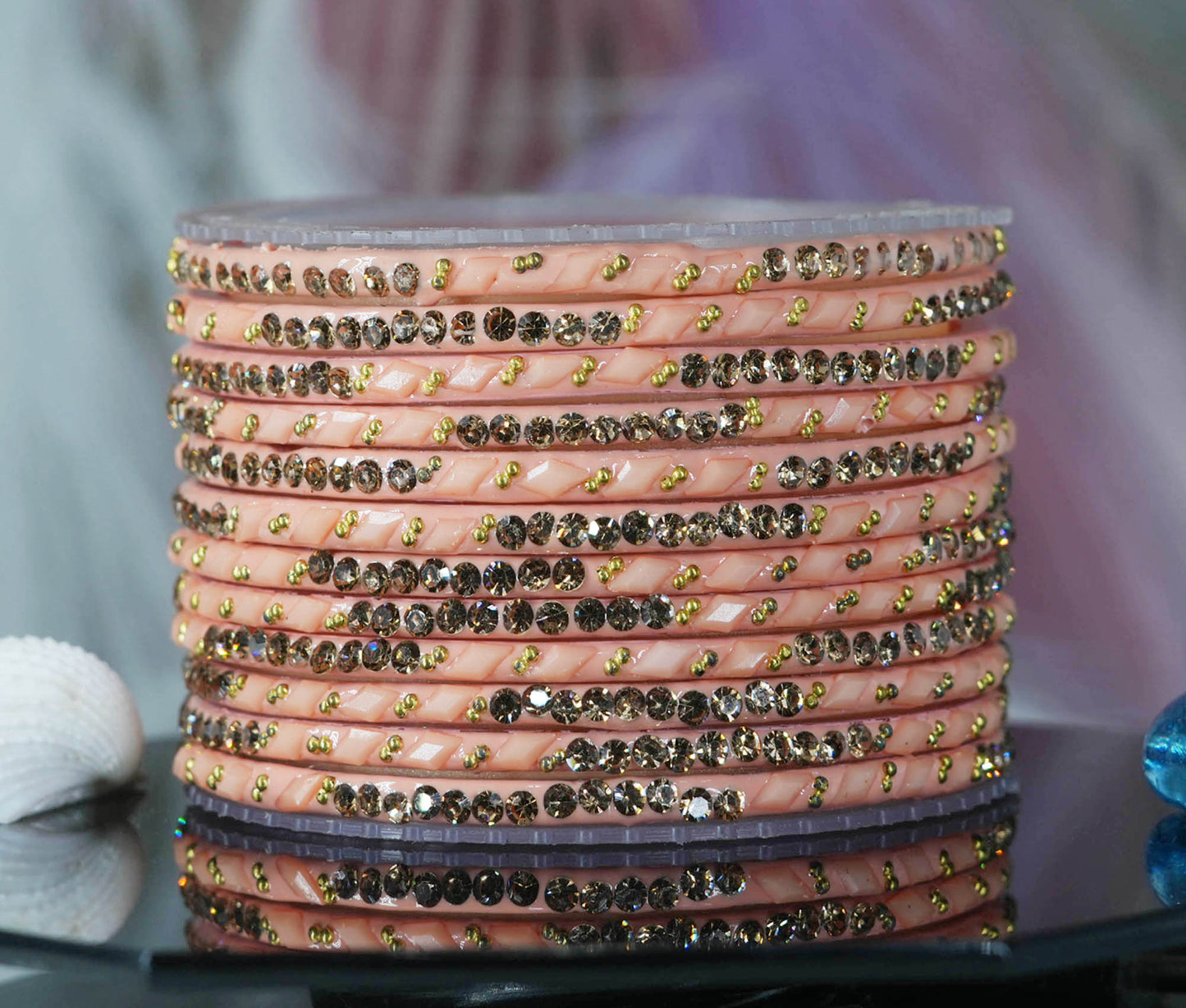 Glass Bangles with Gold Pearl Beads Studded for Women & Girls (Pack 12 Bangles)