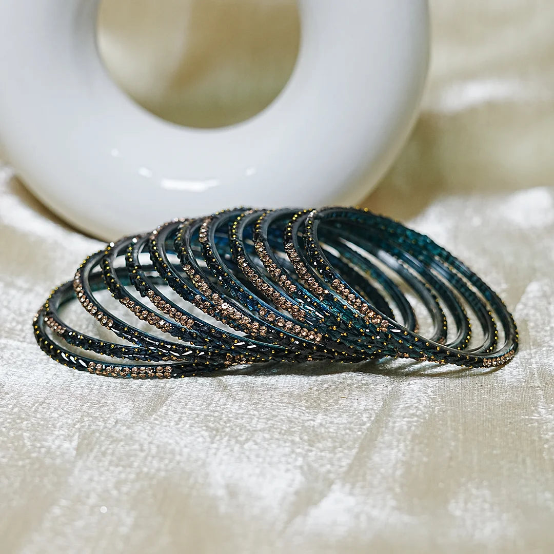 Traditional Glass Bangle with Golden Balls & Beads Studded for Women & Girls (Pack of 12 Bangles)