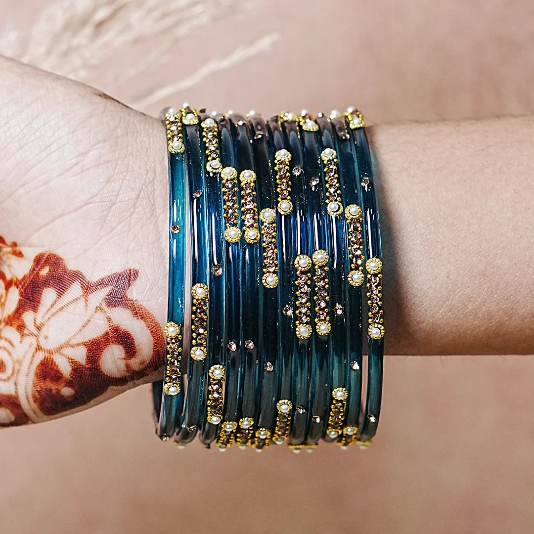 Premium Glass Bangles for Women | Zircon & Beads Work | Glossy Finish (Pack of 12)