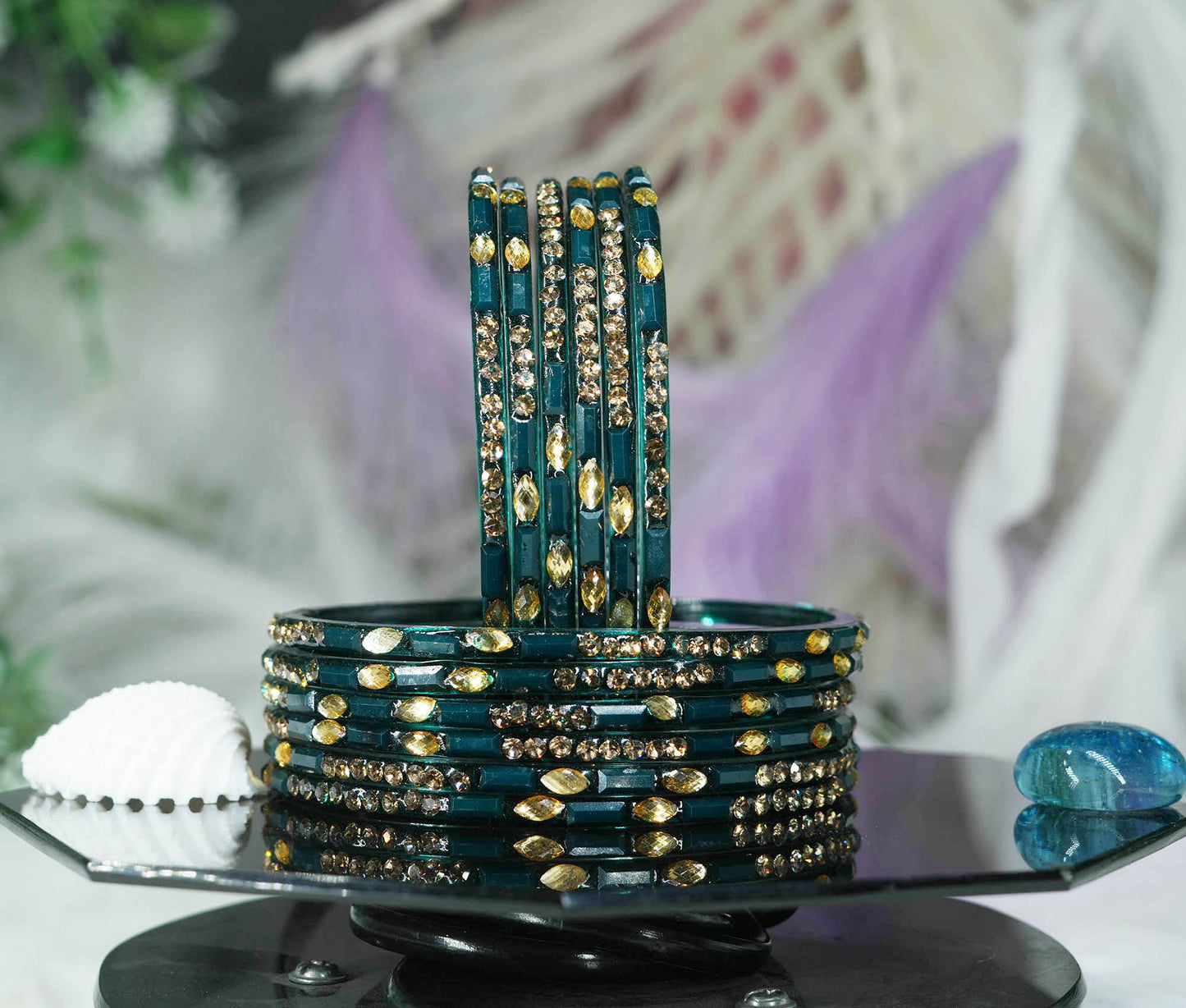 Multiple Color Glass Bangle with Stone Beads Work for Women & Girls (Pack 12 Bangles)