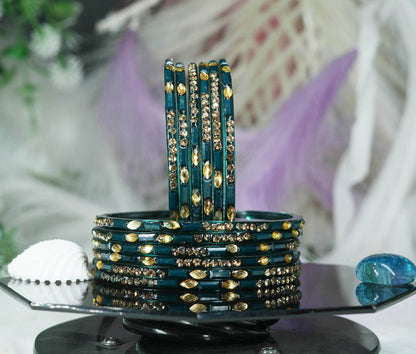 Multiple Color Glass Bangle with Stone Beads Work for Women & Girls (Pack 12 Bangles)