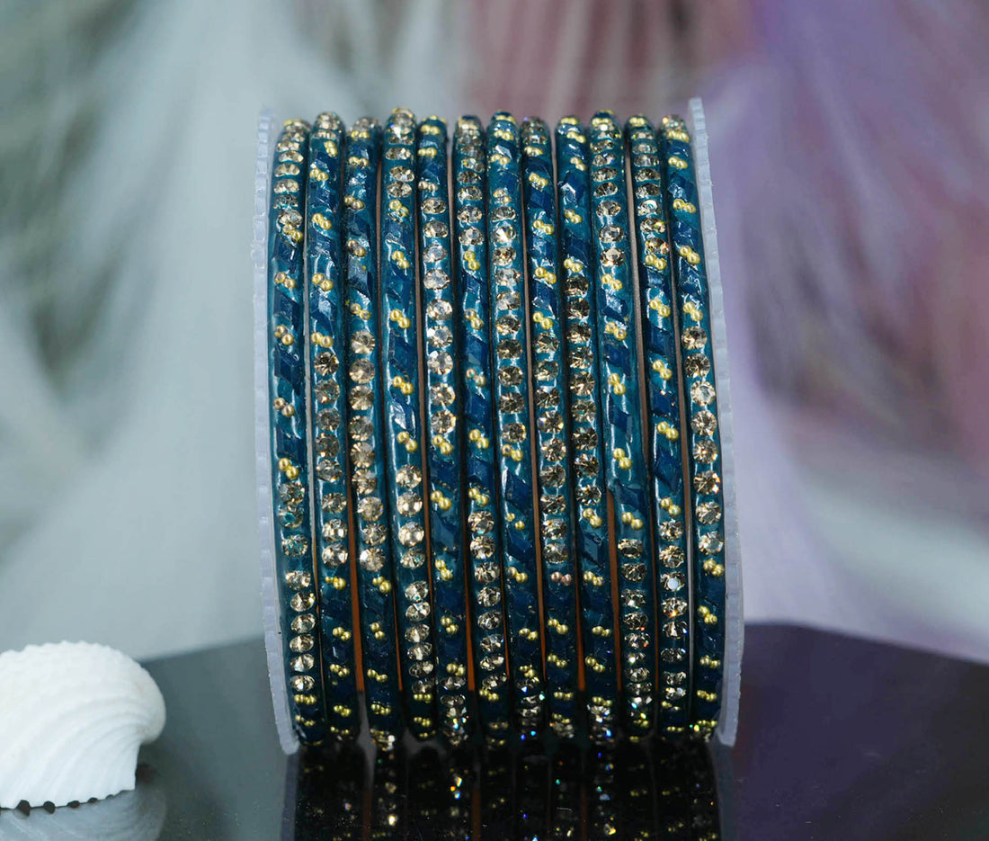 Glass Bangles with Gold Pearl Beads Studded for Women & Girls (Pack 12)