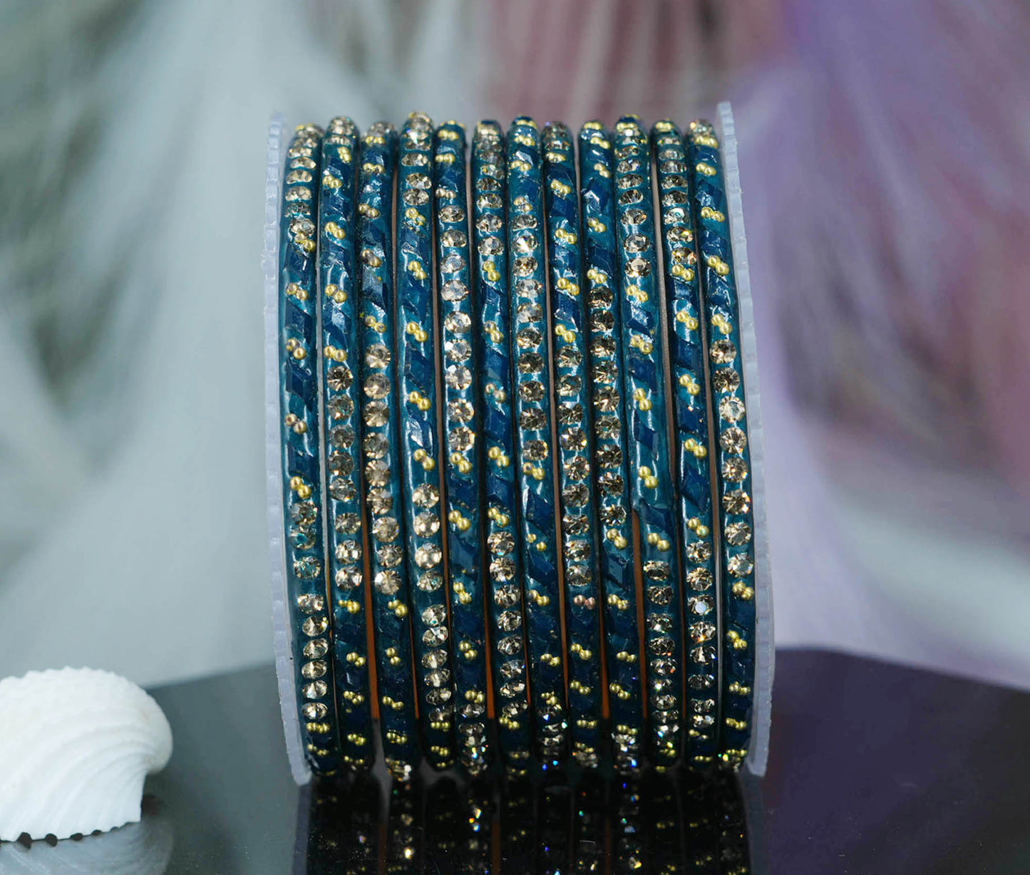 Glass Bangles with Gold Pearl Beads Studded for Women & Girls (Pack 12 Bangles)