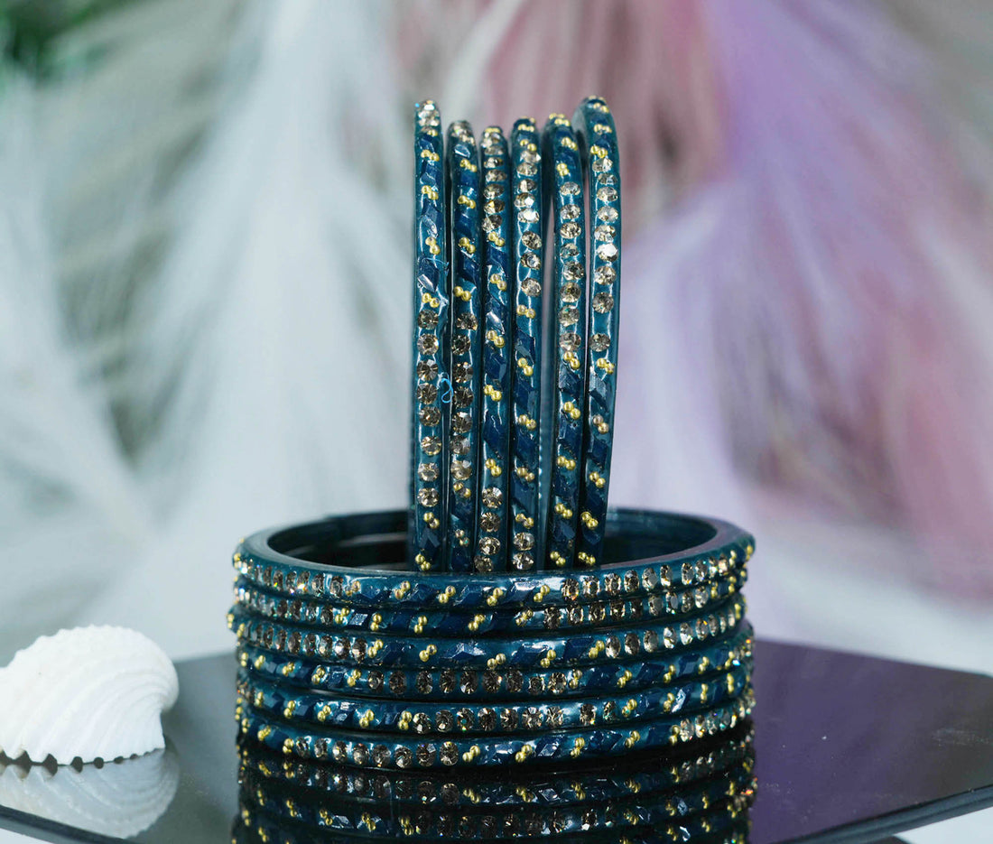 Glass Bangles with Gold Pearl Beads Studded for Women & Girls (Pack 12)