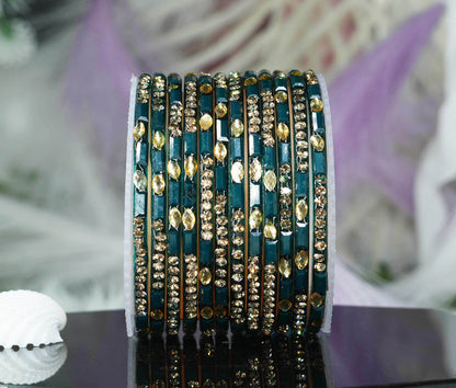 Multiple Color Glass Bangle with Stone Beads Work for Women & Girls (Pack 12 Bangles)